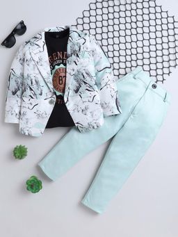 FOURFOLDS - Boys Green Printed Blazer and T-Shirt with Trouser (Set of 3)