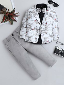 FOURFOLDS - Boys Grey Printed Blazer with Solid Shirt and Trouser with Bow (Set of 4)
