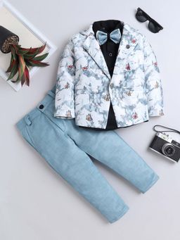 FOURFOLDS - Boys Turquoise Printed Blazer with Solid Shirt and Trouser with Bow (Set of 4)