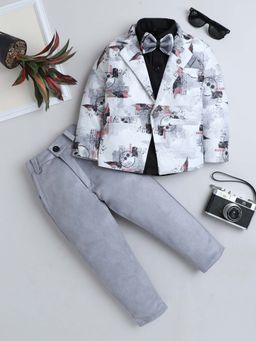 FOURFOLDS - Boys Grey Printed Blazer with Solid Shirt and Trouser with Bow (Set of 4)