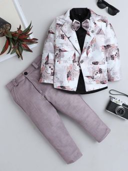 FOURFOLDS - Boys Mauve Printed Blazer with Solid Shirt and Trouser with Bow (Set of 4)