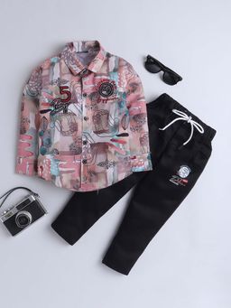 FOURFOLDS - Boys Pink Printed Shirt with Joggers (Set of 2)