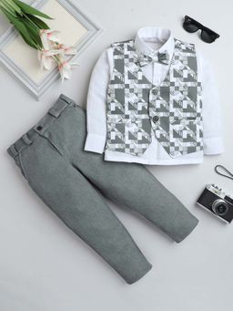 FOURFOLDS - Boys Grey Shirt and Trouser with Printed Waistcoat and Bow (Set of 4)