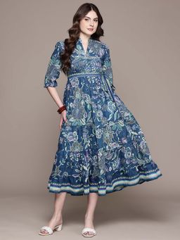 Aarke Ritu Kumar - Blue Printed A-Line Dress with Belt