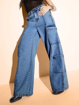 Miss Chase - Women's Light Blue Wide-Leg High Rise Regular Denim Pant