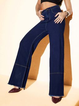 Miss Chase - Women's Navy Blue Wide Leg Regular-Length Stretchable Denim Jeans