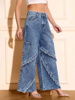 Miss Chase - Women's Navy Blue Wide-Leg High-Rise Regular-Length Denim Jeans