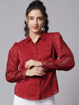 Beatnik - Red Self Design Regular Shirt