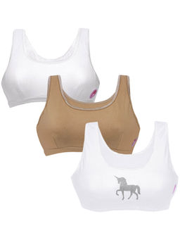 D'chica - Set Of 3 Non Wired Beginner/Sports Bras For Girls Skin And White