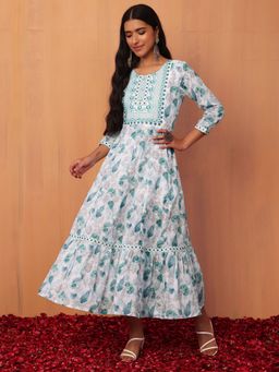 Indya - White Blue Floral Jaal Print Cotton Anarkali Kurta