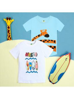 ZIP ZAP ZOOP - Boys Sky Blue Giraffe & White Hello Print T-Shirts (Pack of 2)