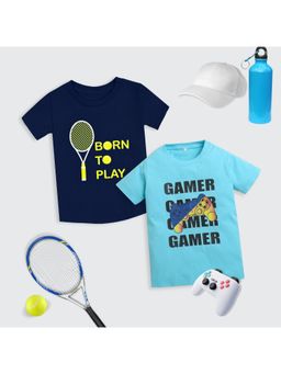ZIP ZAP ZOOP - Boys Sky Blue Gamer & Navy Blue Born To Play Print T-Shirts (Pack of 2)