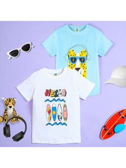 ZIP ZAP ZOOP - Boys Sky Blue Llama & White Hello Print T-Shirts (Pack of 2)
