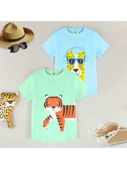 ZIP ZAP ZOOP - Boys Mint Green Walking Tiger & Sky Blue Llama Print T-Shirts (Pack of 2)