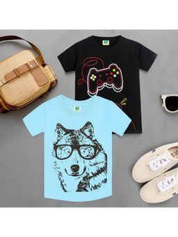 ZIP ZAP ZOOP - Boys Black Video Game & Sky Blue Dog Specs Print T-Shirts (Pack of 2)