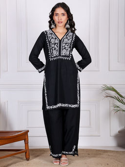 Chowkhat - Hand Embroidered Chikankari Pure Cotton Straight Kurta and Palazzo Co Ord Set of 2