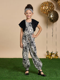 Lil Drama - Leopard Print Black Printed Jumpsuit with Jacket and Hairband (Set of 3)