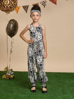 Lil Drama - Leopard Print Black Printed Jumpsuit and Hairband (Set of 2)
