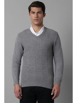 Louis Philippe - Men Grey Self Design V Neck Full Sleeves Sweater