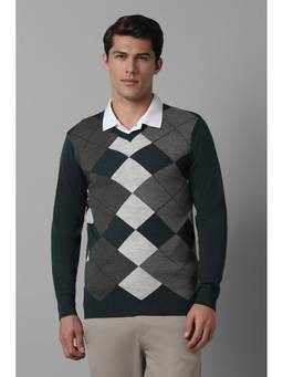 Louis Philippe - Men Green Argyle V Neck Full Sleeves Sweater