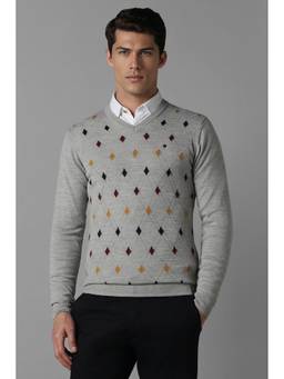 Louis Philippe - Men Grey Argyle V Neck Full Sleeves Sweater