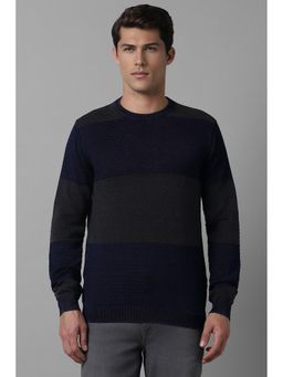 Louis Philippe - Men Navy Blue Self Design Crew Neck Full Sleeves Sweater