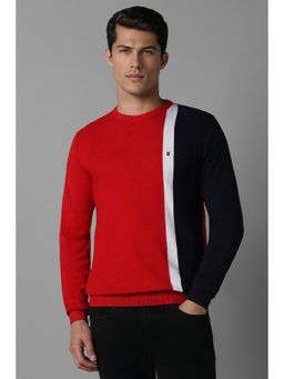 Louis Philippe - Men Red Self Design Crew Neck Full Sleeves Sweater