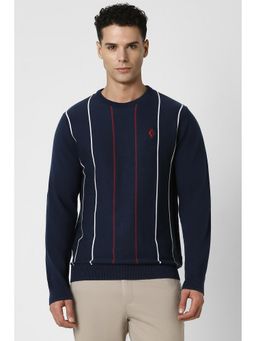 Van Heusen - Men Navy Blue Stripes Crew Neck Sweater
