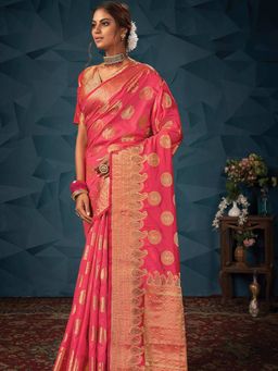 Odette - Womens Pink Silk Blend Printed Saree with Unstitched Blouse