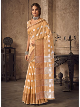 Sangam Prints - Beige Woven Work Traditional Saree with Unstitched Blouse