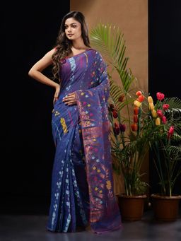 CHARUKRITI - Blue Handwoven Saree with Multicolour Floral Designs & Motifs