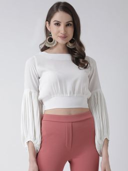 KASSUALLY - White Pleated Sleeves Back Tie Up Crop Top