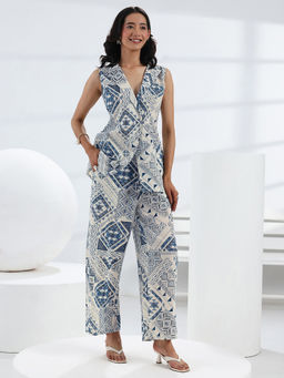 Libas - Blue Printed Straight Cotton Co-Ord Set (XS)