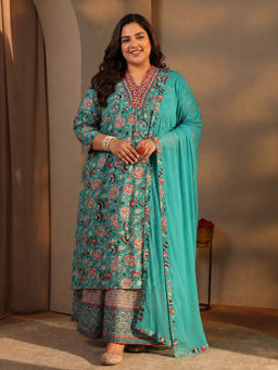 Extra love by Libas - Blue Floral A-Line Cotton Kurta with Palazzo and Dupatta