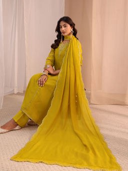 Libas - Mustard Embroidered A-Line Chanderi Kurta with Pant and Dupatta