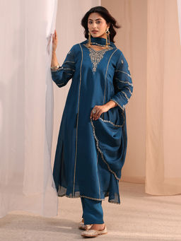 Libas - Blue Embroidered A-Line Chanderi Kurta with Pant and Dupatta