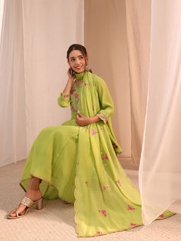 Libas - Green Floral A-Line Chanderi Kurta with Pant and Dupatta