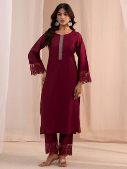 Libas - Maroon Embroidered Straight Silk Blend Kurta and Pant
