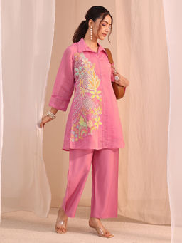 Libas - Pink Floral Straight Chanderi Co-Ord Set