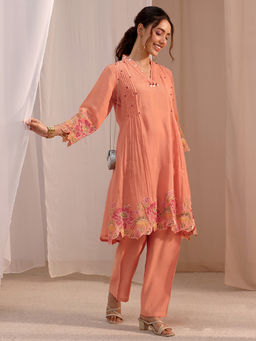 Libas - Peach Floral Straight Chanderi Co-Ord Set