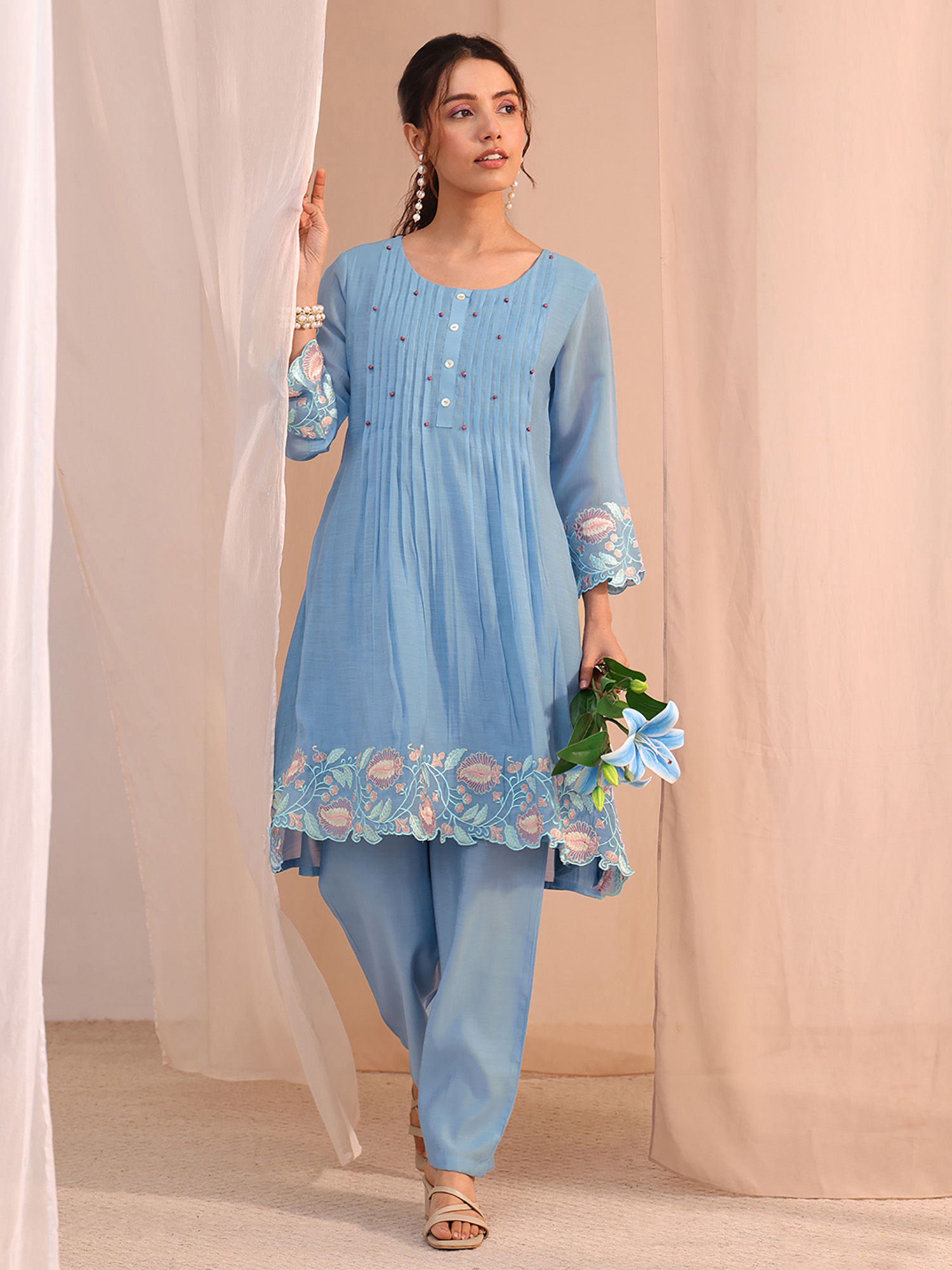 libas Blue Floral Straight Chanderi Co-Ord Set-picture-17