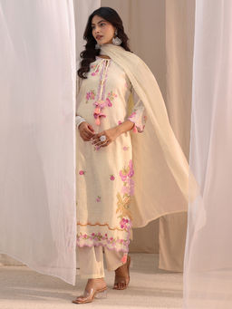 Libas - Off White Floral Straight Cotton Kurta with Pant and Dupatta