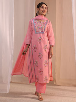 Libas - Peach Floral Straight Cotton Kurta with Pant and Dupatta