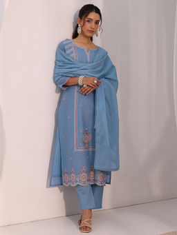 Libas - Blue Self Design Straight Cotton Kurta with Pant and Dupatta