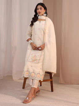 Libas - Off White Self Design Straight Cotton Kurta with Pant and Dupatta