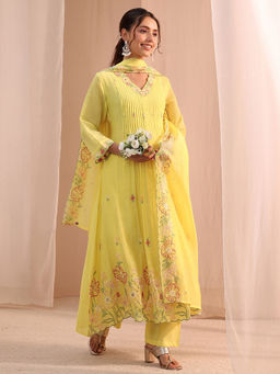Libas - Yellow Floral Straight Chanderi Kurta with Pant and Dupatta