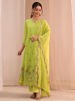 Libas - Green Floral Straight Chanderi Kurta with Pant and Dupatta