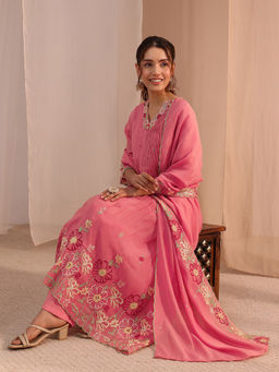 Libas - Pink Floral Straight Chanderi Kurta with Pant and Dupatta