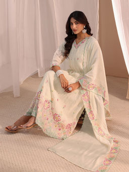 Libas - White Floral Straight Chanderi Kurta with Pant and Dupatta
