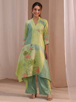 Libas - Green Printed Asymmetrical Linen Kurta and Pant